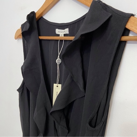 Max Studio black wrap jumpsuit sleeveless wide legs flair woven v neck small - Picture 2 of 16